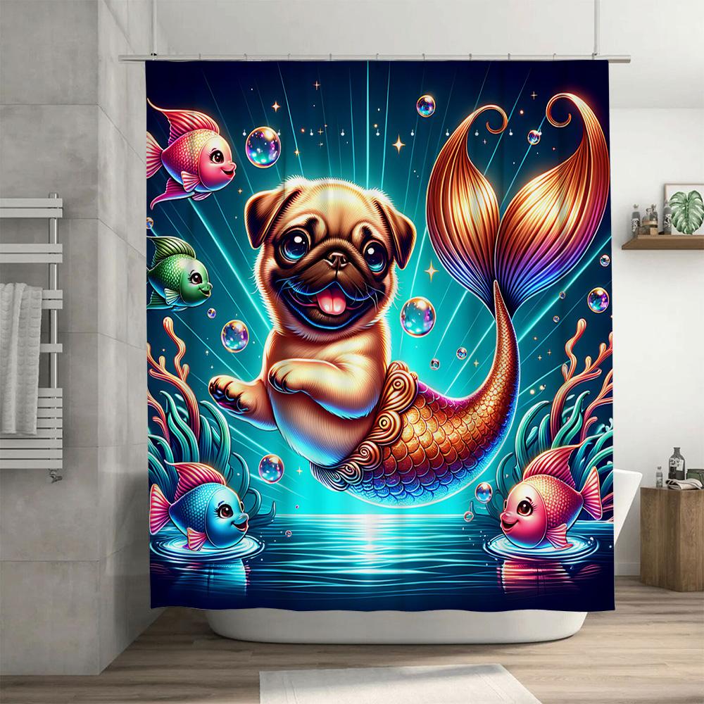 Magical Mer-Pug Shower Curtain Cute Cartoon Pug Fish Tail Bath Decor for Kids Bedroom Blue Ocean Bubble Print Home Decoration Sh