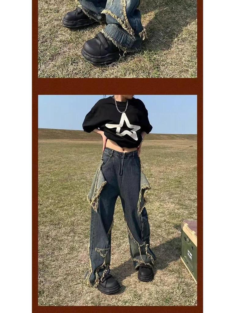 Men's Fringe Ripped Jeans & Women's Cargo Pants with Big Pocket Design - Summer Retro Style.