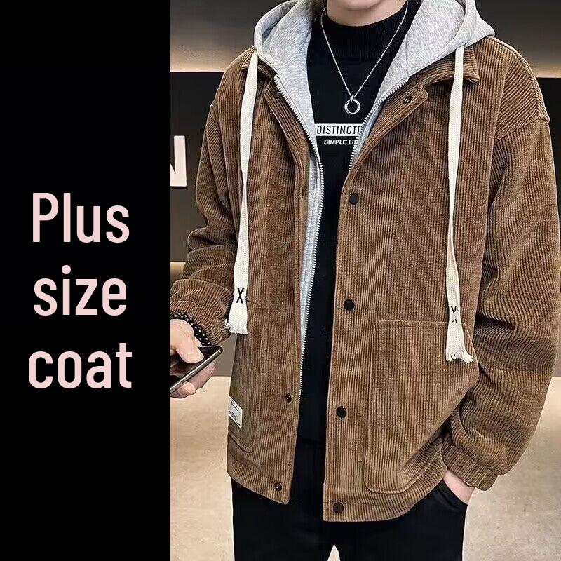 Men's Retro Thickened Corduroy Cotton-Padded Winter Jacket with Turn-Down Collar & Hooded Coat Two-Piece Set