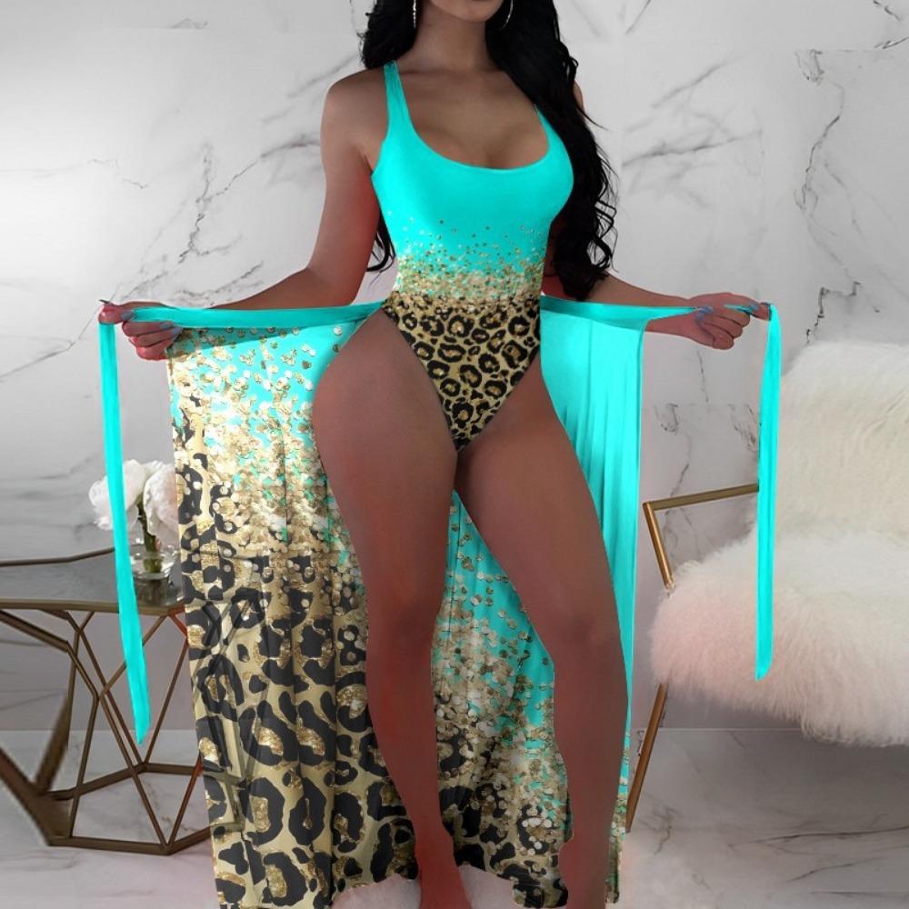 European and American Swimsuit Women's Three-piece Mesh Blouse Contrasting Color Printing Bikini