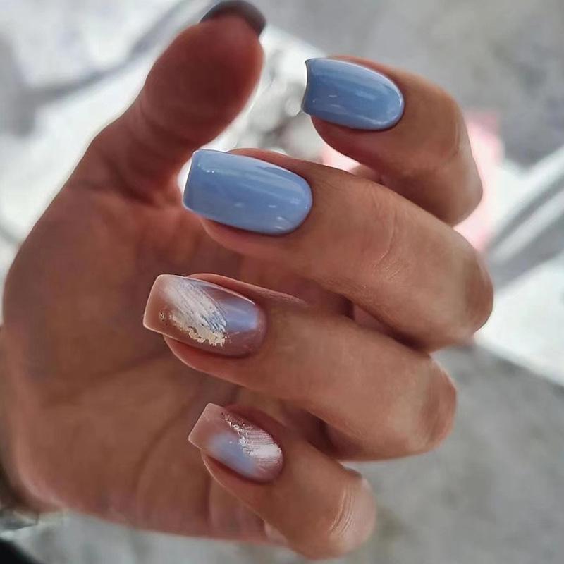 Temperament is simple and white, blue manicure, European, American medium and long square fake nail products, wearing nail mixed batch