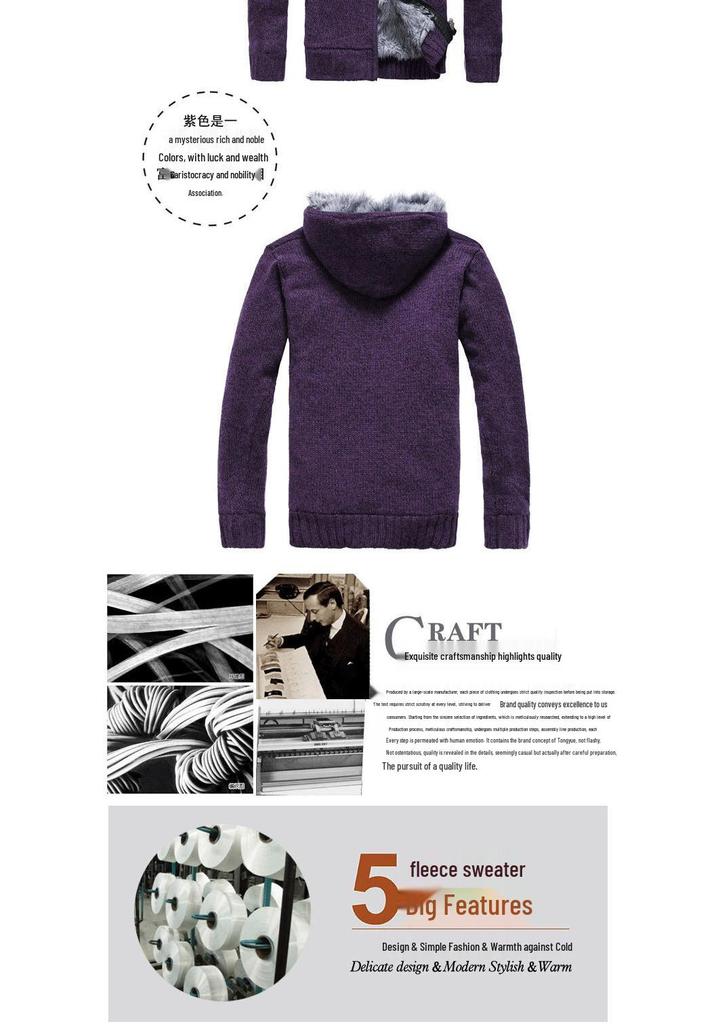 Men's Plus Size Hooded Zipper Knit Fleece Cardigan - European & American Style Sweater Coat Outerwear