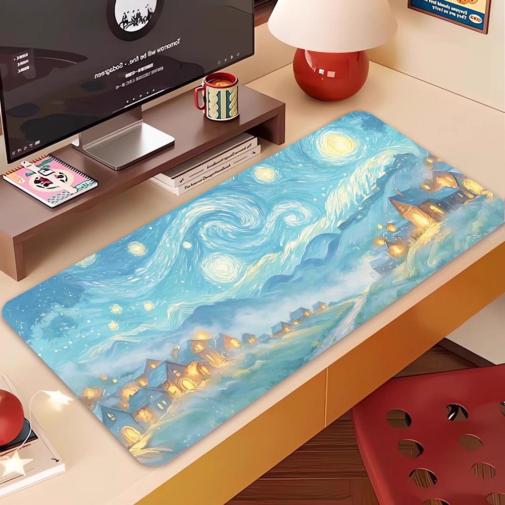 Classic Starry Night Sky Village Scenery Playmat Large Size Table Mat Learning Desktop Mousepad Laptop