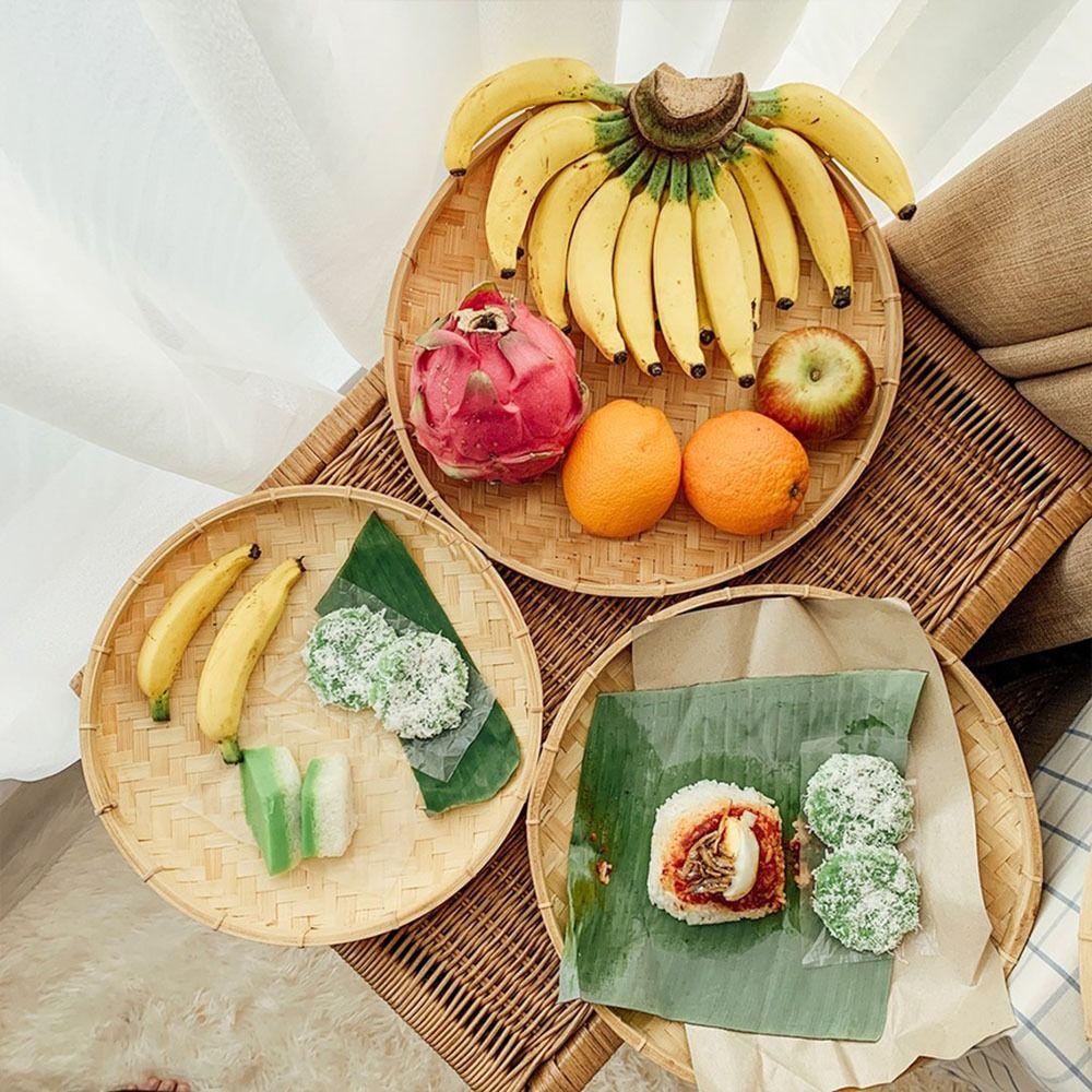 1Pcs DIY Decorative Bamboo Sieve Round Dustpan Dessert Plate Durable Kitchen Storage Tray