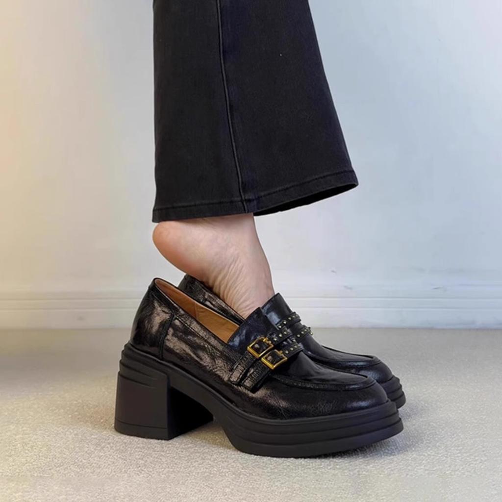 Sheepskin Version~ High-heeled Loafers, Women's Belt Buckle, Genuine Leather, Black Small Leather Shoes, One Pedal Waterproof Platform Platform Singl