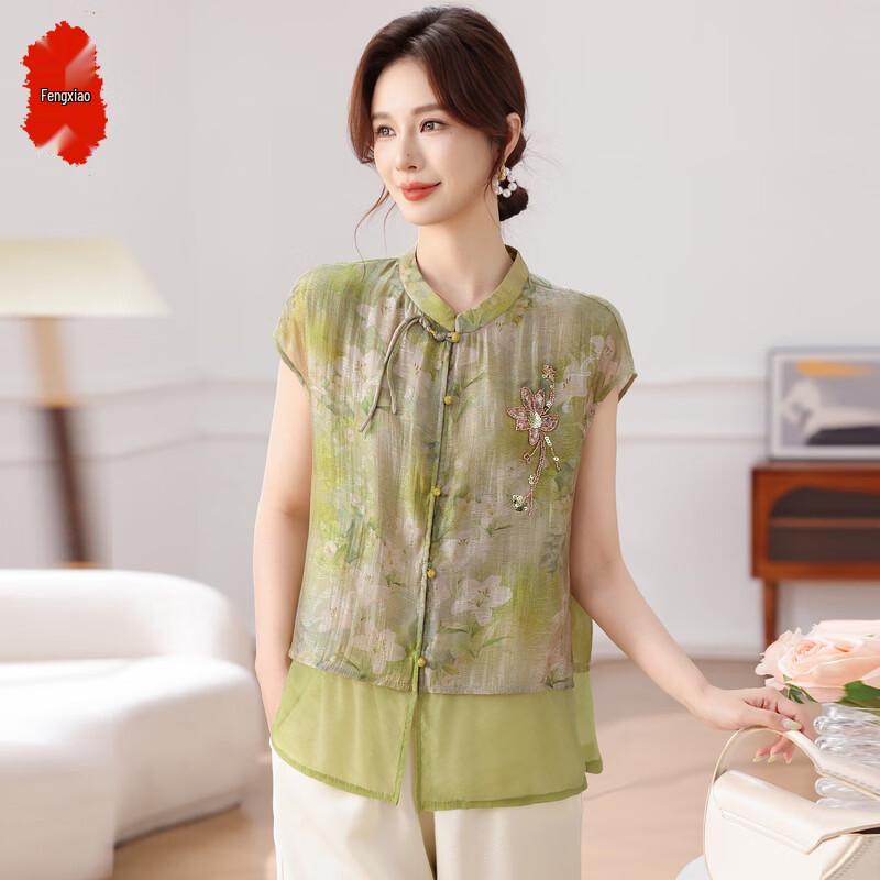 Women s New Chinese Style Embroidered Sleeveless Summer Blouse 4XL зелёный