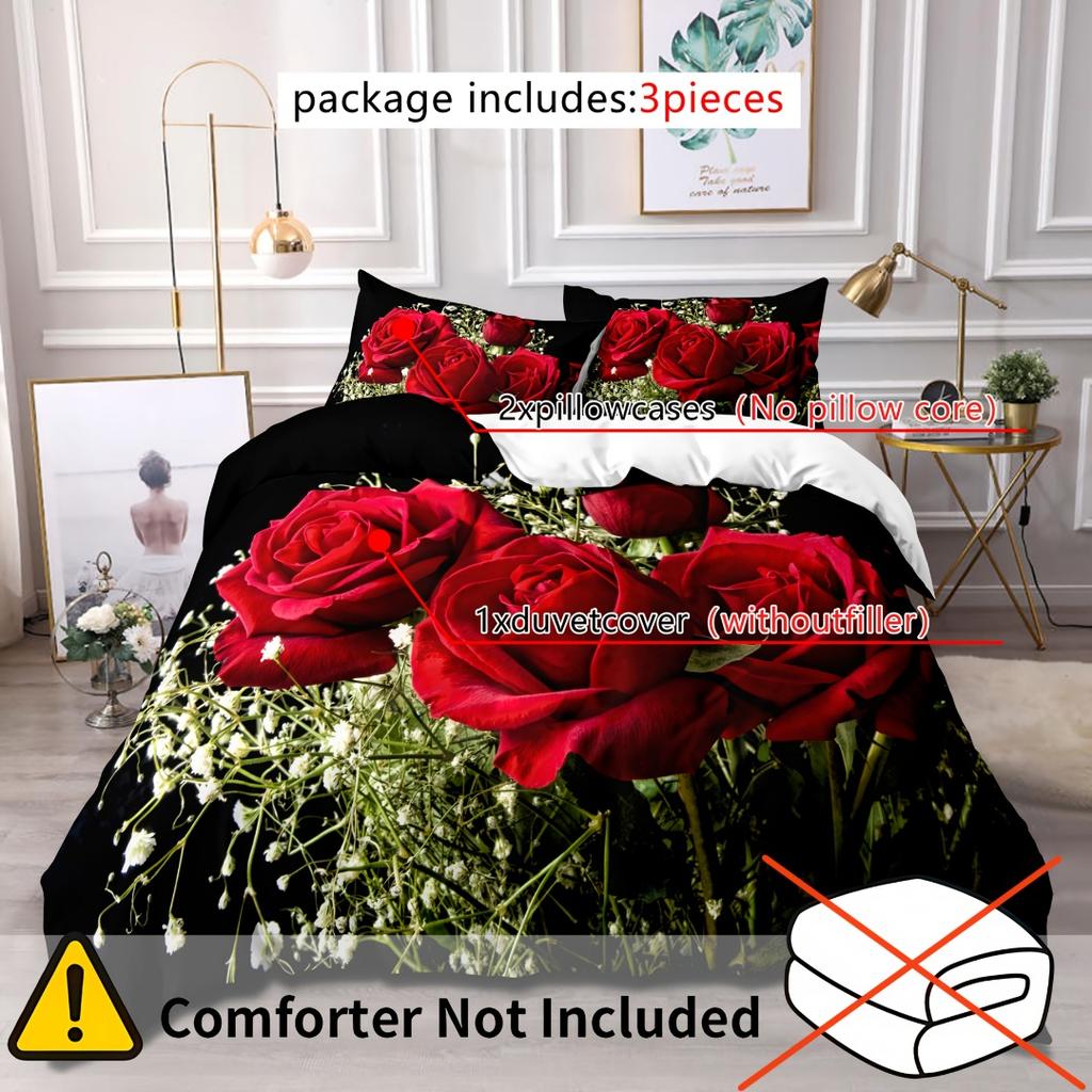 3pcs Romantic Red Rose 3D Printed Bedding Set Cozy Comfortable Duvet Cover King Queen Twin Size Birthday Gift Bedroom Decoration