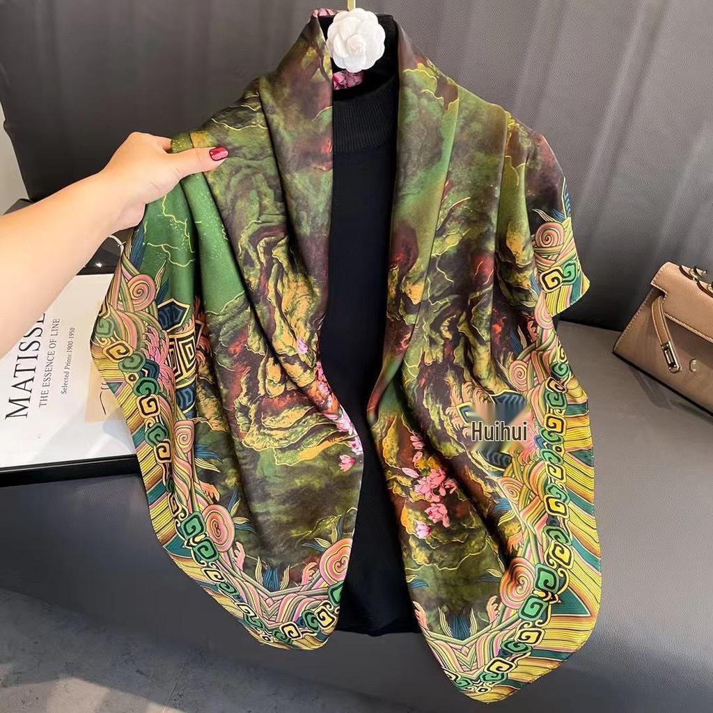 110cm Versatile Women’s Imitation Silk Scarf - Large, Printed, Decorative, Sunscreen Shawl