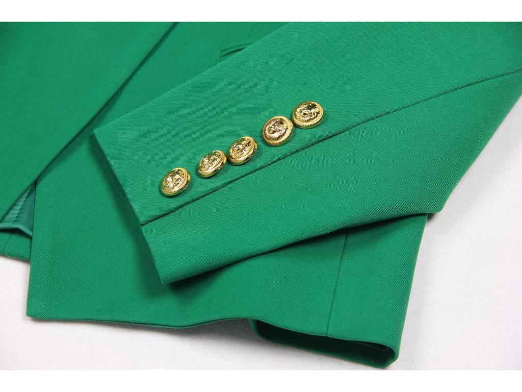 European Green Double-Breasted Women's Suit Jacket with Lion Head Buttons, V-Neck, Slimming Design, Versatile Style