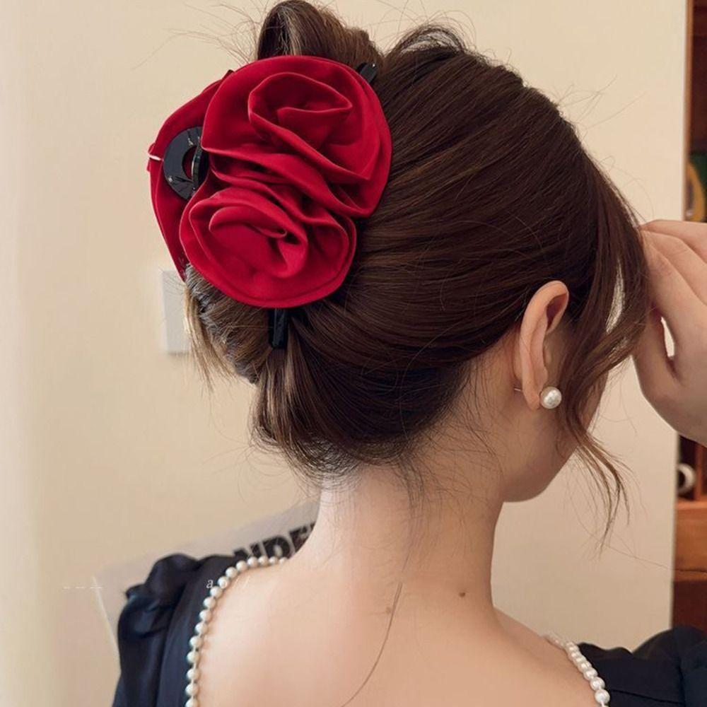 Hair Grab Clip Flower Hair Claw Flower Large Size Hair Claw Cute Red Rose Hair Clip  Travel