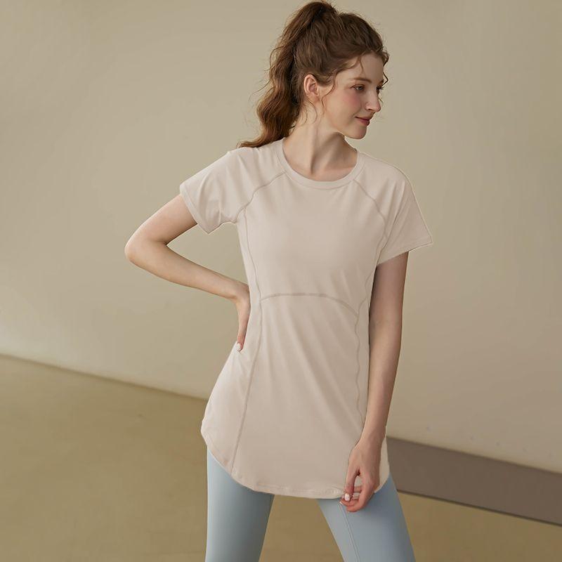 Sommer Modisch Einfarbig Rundhals Damen Slim Fit Lauf-T-Shirt Yoga Lang Geschnitten Hüftbedeckendes Workout-Top