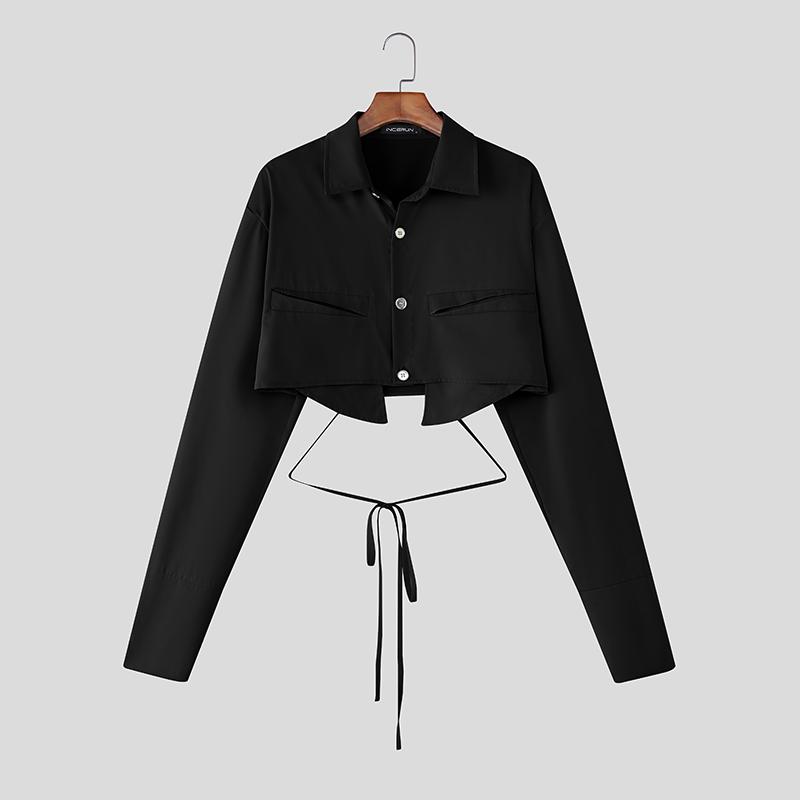 INCERUN Мужские укороченные рубашки с лацканами, длинным рукавом и шнуровкой 3XL чёрный