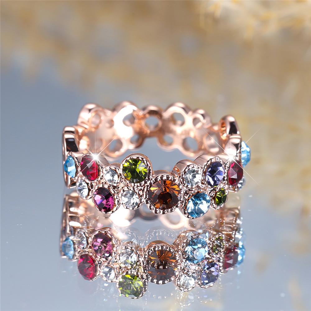 Luxury Female Blue Red Rainbow Zircon Stone Finger Ring Vintage Rose Gold Color Wedding Band Bridal Jewelry For Women
