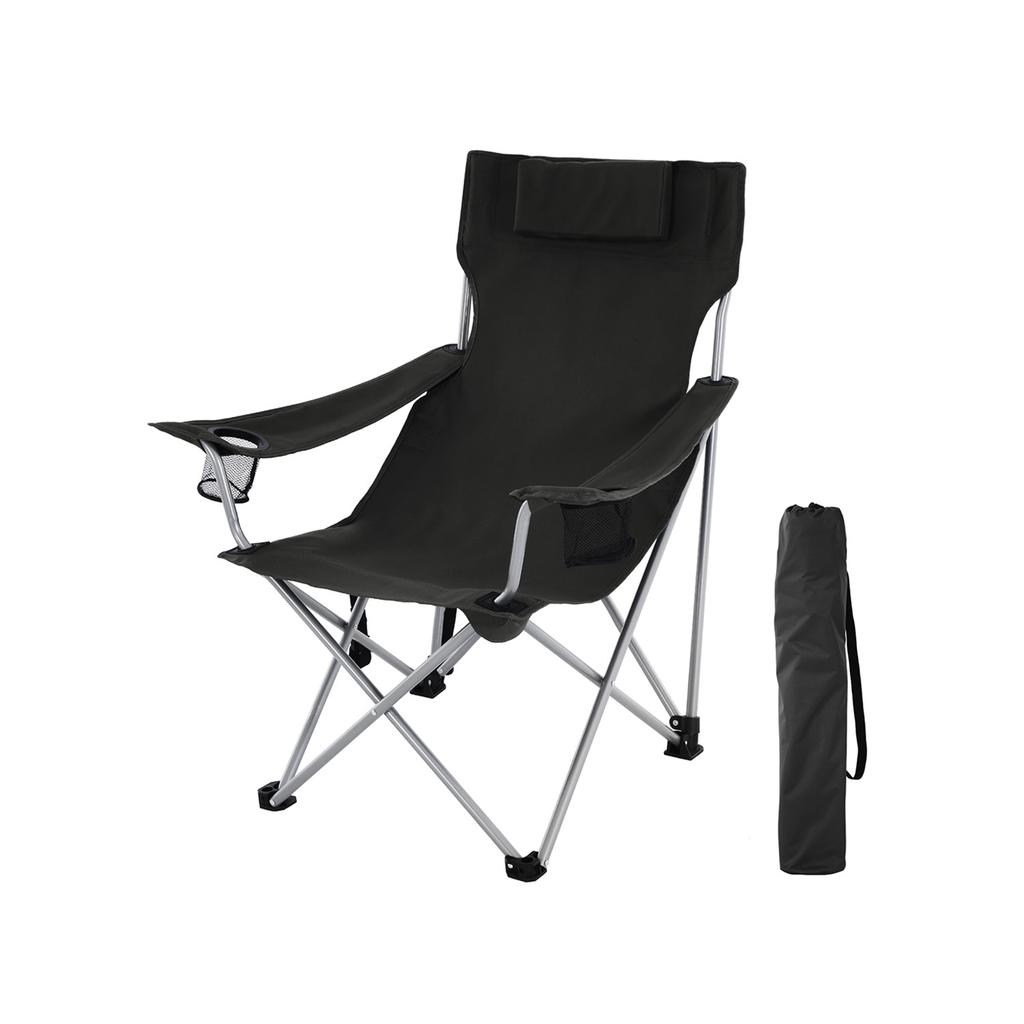 SONGMICS Folding Camping Chair, Outdoor Chair with Armrests, Headrest and Cup Holder, Stable Structure, Max. Capacity 150 Kg, Black