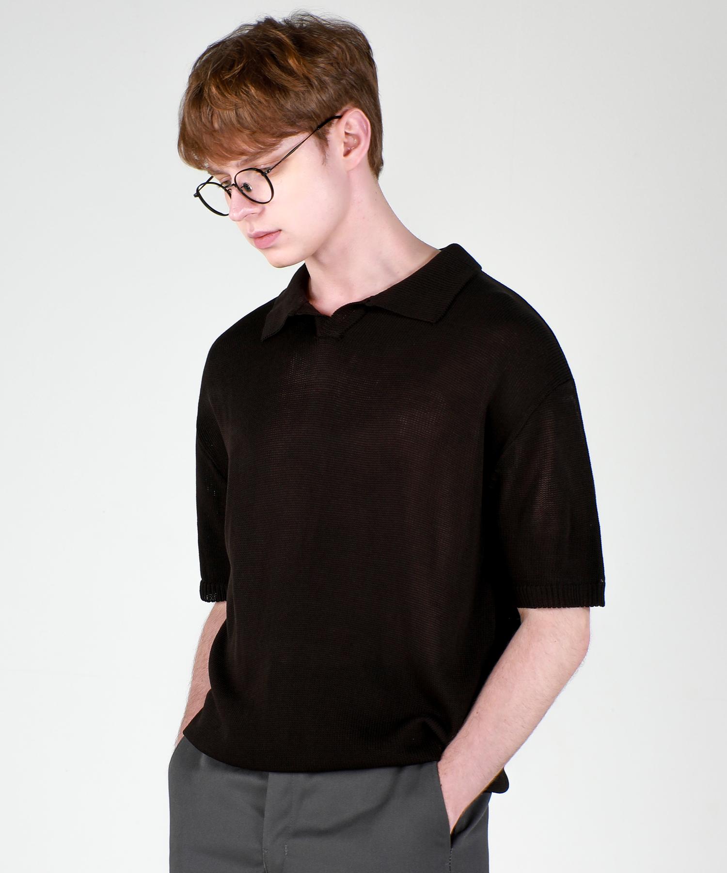 Iesn Washable Collared Neck Short Sleeve Knit Black L