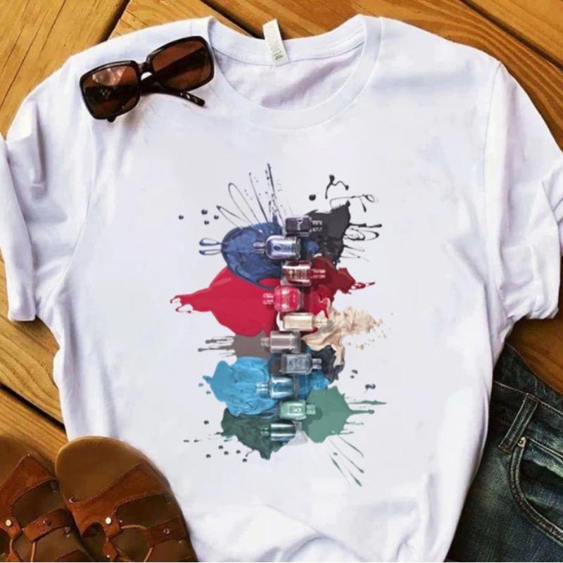 European and American Nail Polish Simple Women's Casual Cute Large Size Short-sleeved T-shirt Women Clothes Tops