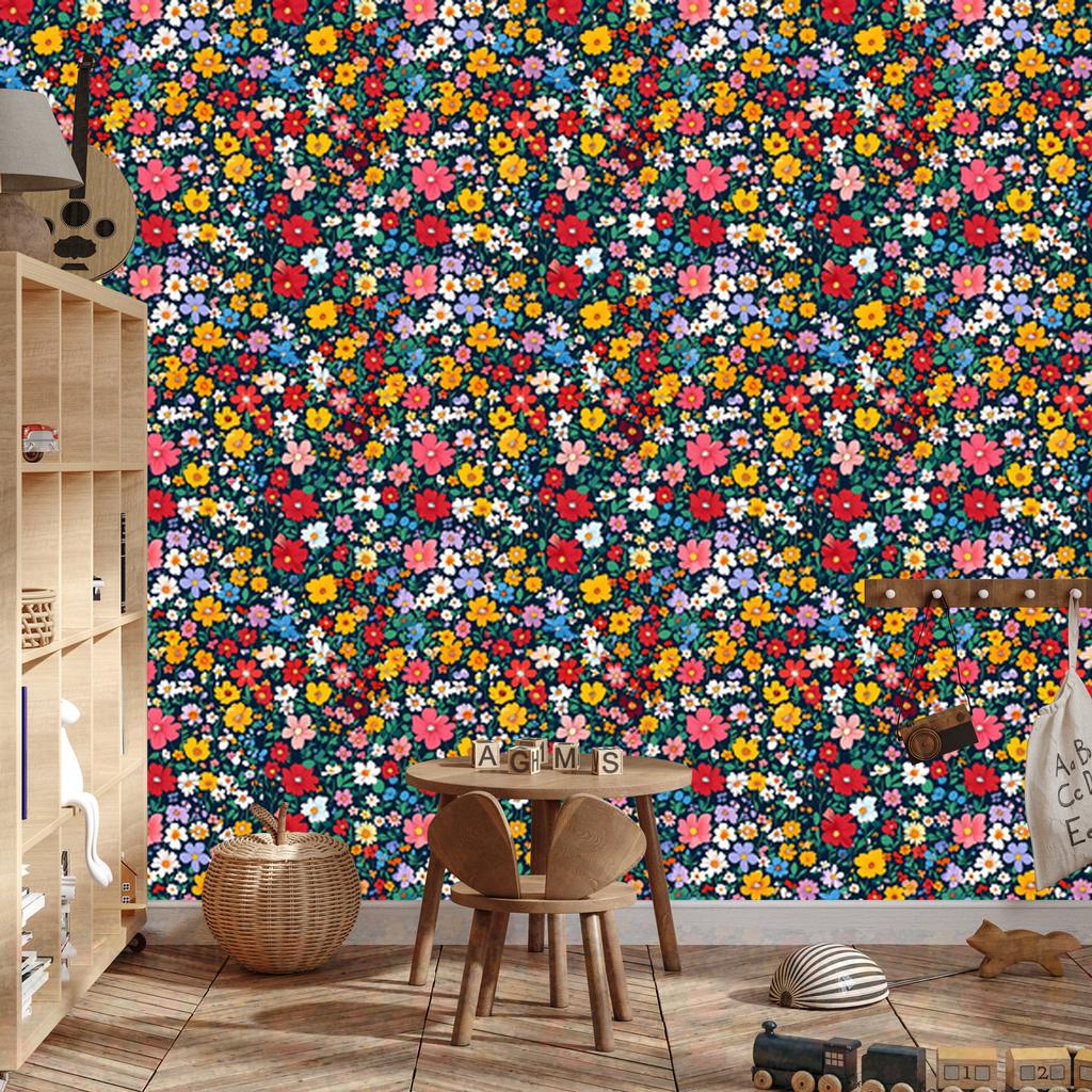 Wallpaper Small Flowers Turquoise and Red for Living Room and Bedroom 50x1000