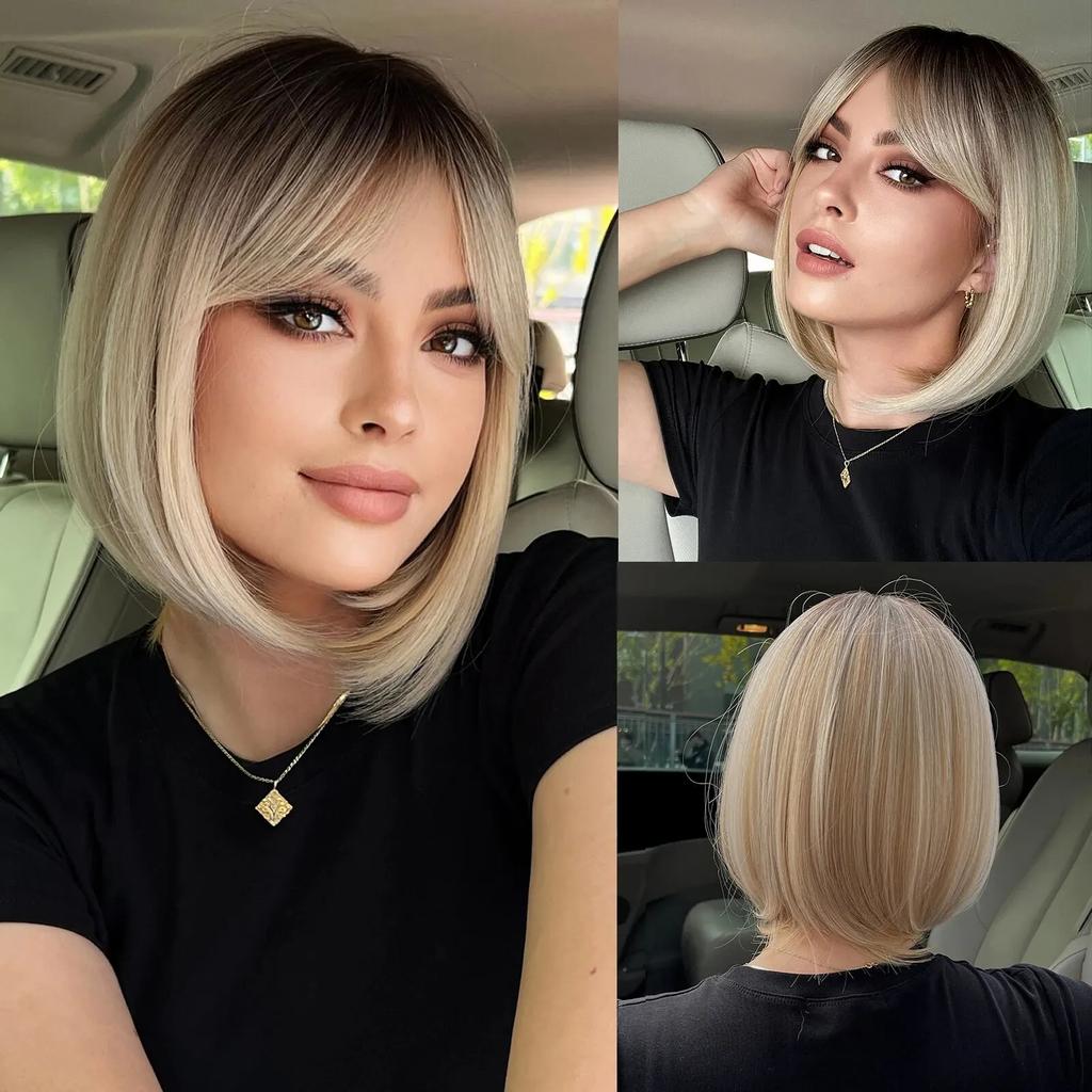 Short Straight Bob Synthetic Wigs Pink Natural Hair Wig with Bangs for Women Cosplay Cute Wig Heat Resistant Fiber