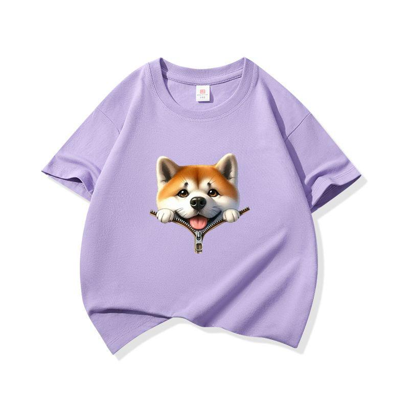 Kids Pure Cotton T Shirt Adorable Dog Zipper Print Crew Neck Short Sleeve Tee Casual Breathable Boys Girls Summer Tops