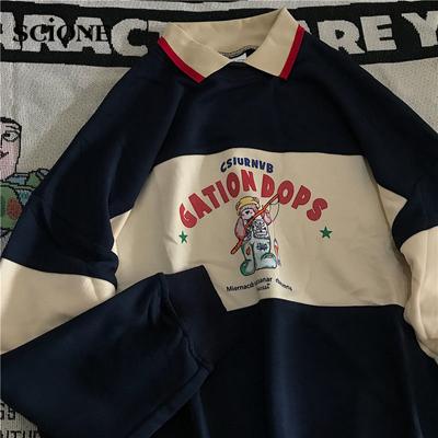 Polo-Kragen, übergroßer Kapuzenpullover, Damen-Sweatshirt, Bären-Druck-Sweatshirt, Harajuku-Stil, langärmeliges Oberteil
