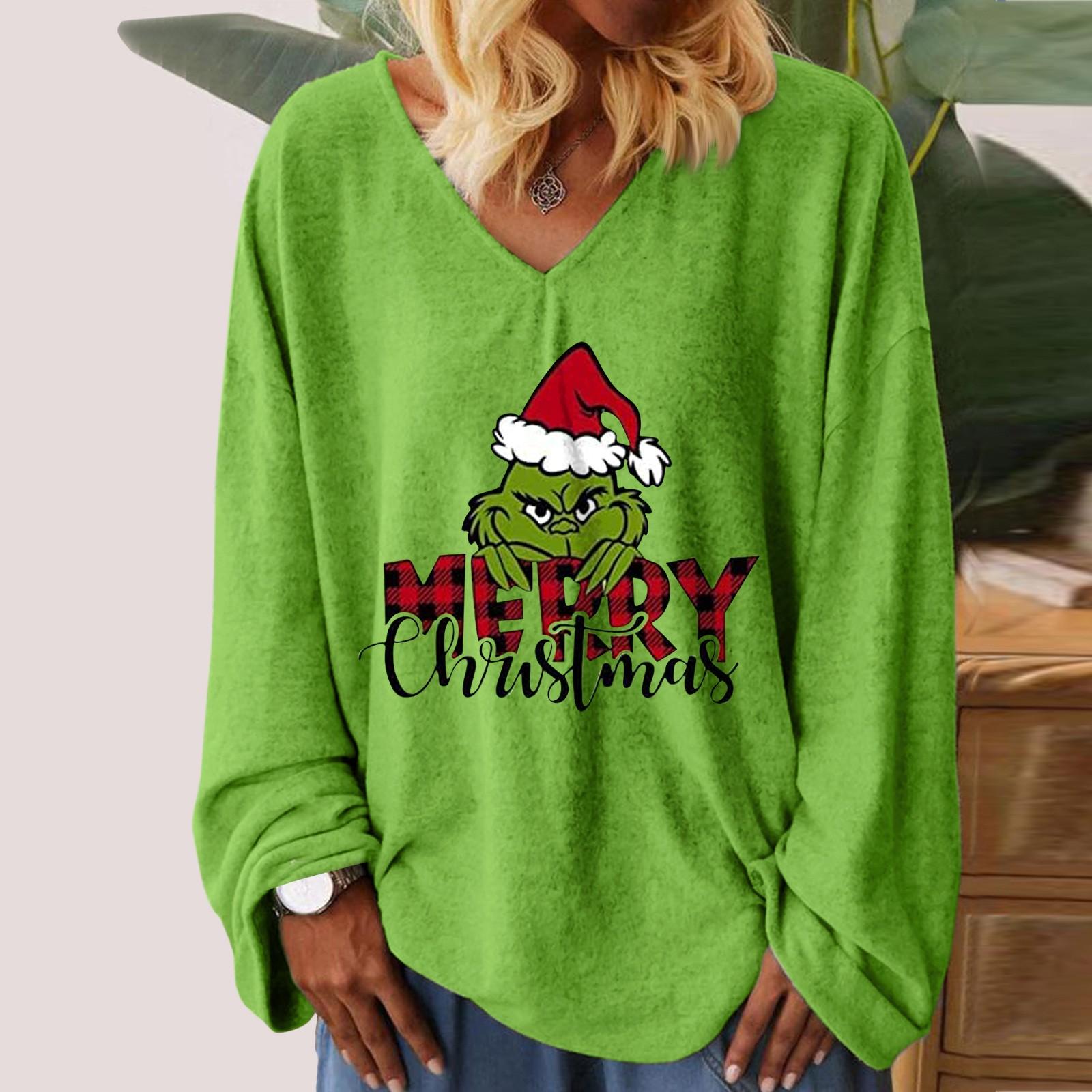 

Женская свободная футболка с v-образным вырезом и рождественским принтом, длинными рукавами, топы с прямыми рукавами для женщин XL