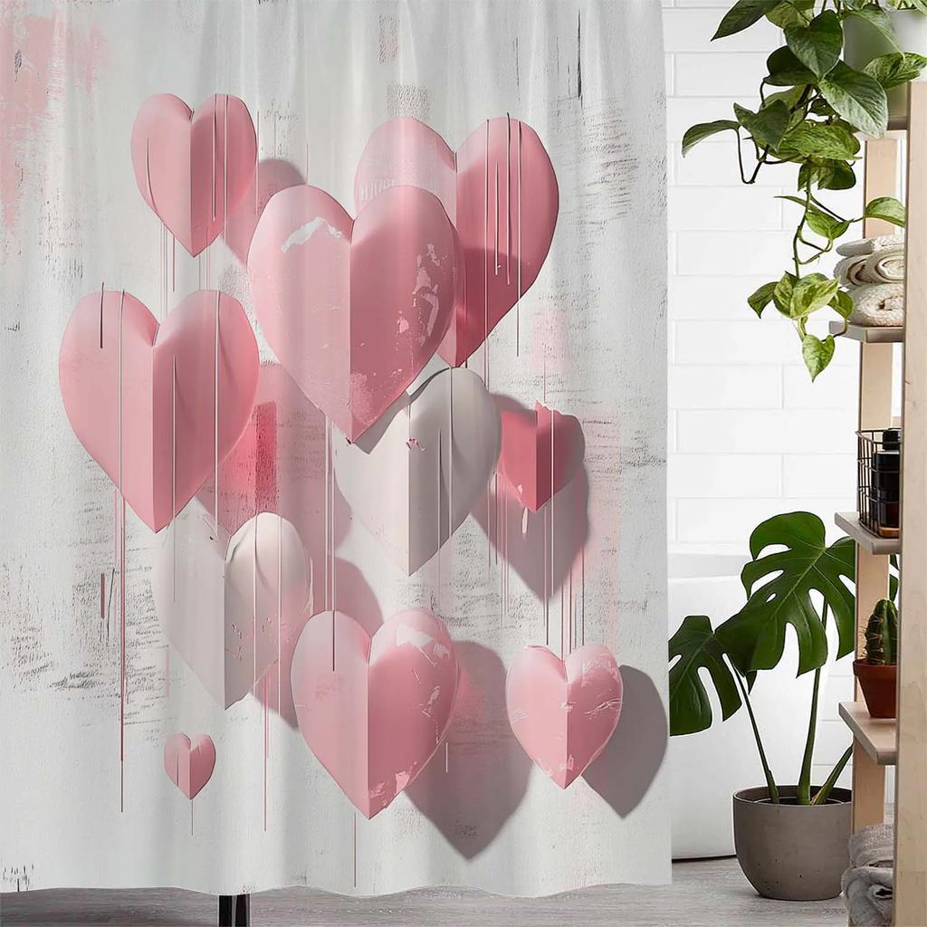 One Romantic Valentine's Day Love Print Shower Curtain with 12 Hooks, Curtain for Windows