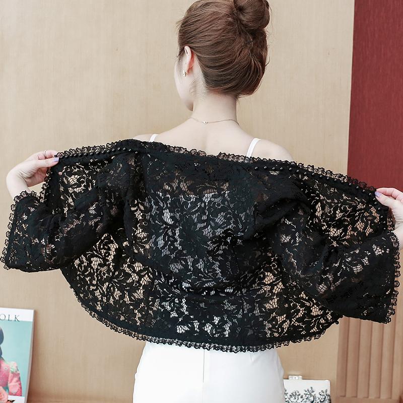 Summer Beaded Flare Sleeve Black White Lace Cardigan Short Jacket Women Coat J229