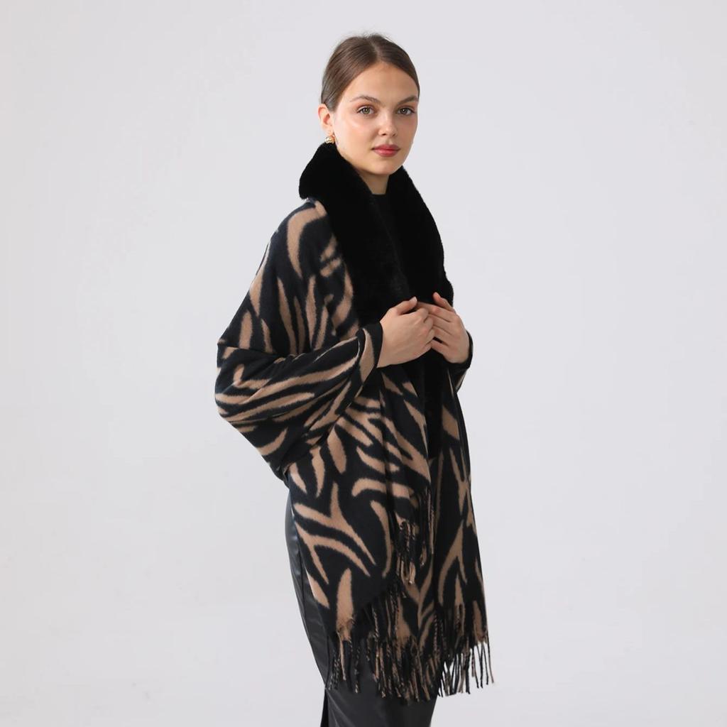 Fur Collar Cashmere Shawl Scarf For Woman Warm Tassel Zebra Printed Shawls Fashion Long Wraps Thicken Pashmina Foulard Scarves