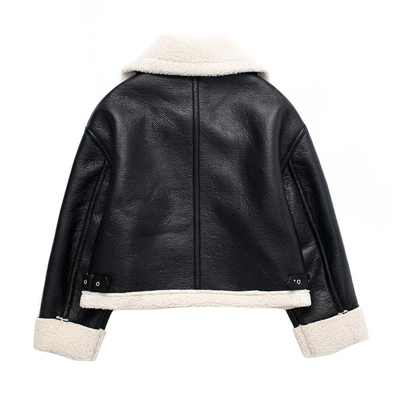 Women Fashion PU Solid Front Zipper Bomber Jackets Vintage Lapel Neck Long Sleeves Female Chic Lady Outfits