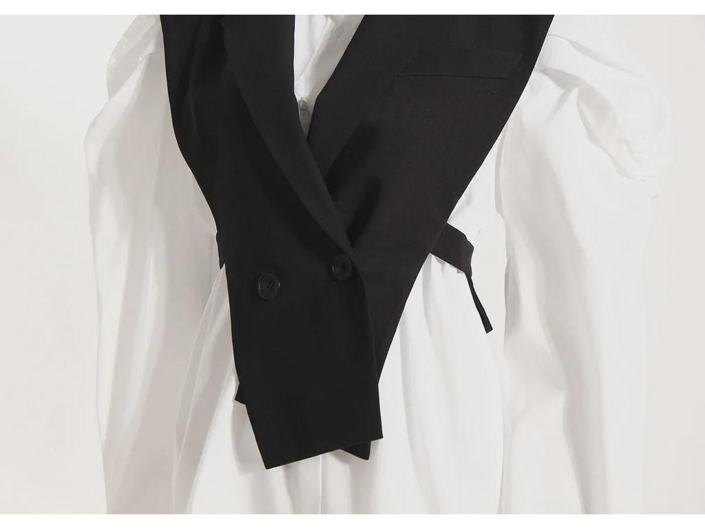 2025 Spring Korean Slim Puff Sleeve White Shirt & Waist Strap Vest Set
