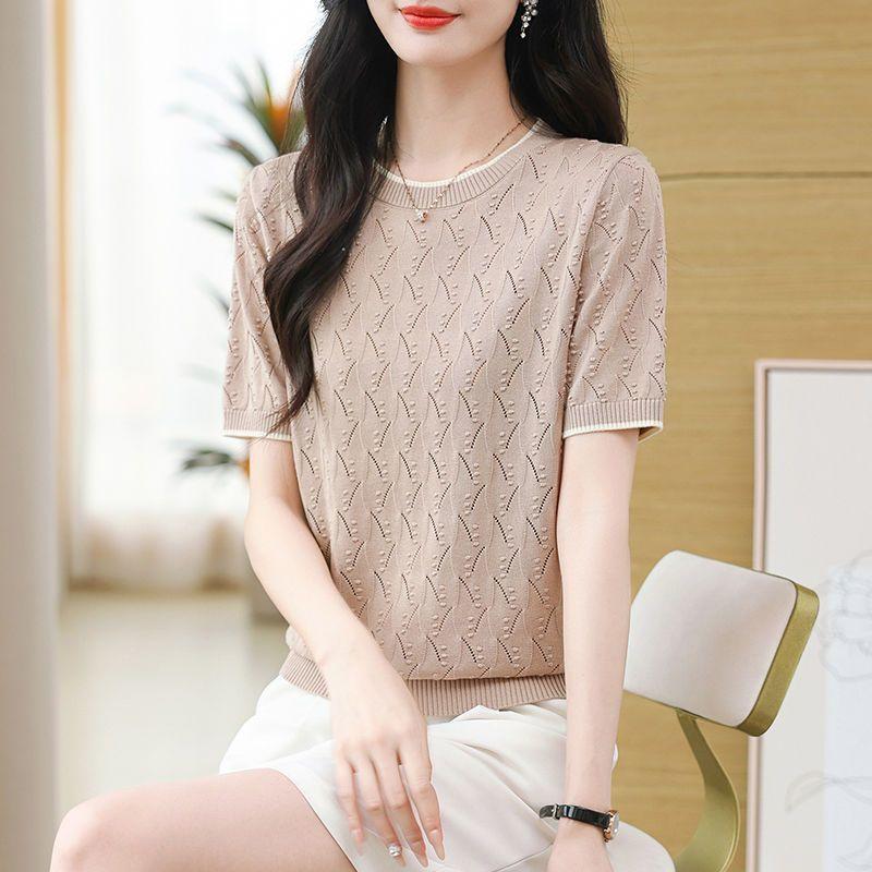 Summer Women's Round Neck Knitted T-shirt Women's Knitted Sweater with Hollow Out Thin Design Slimming Top