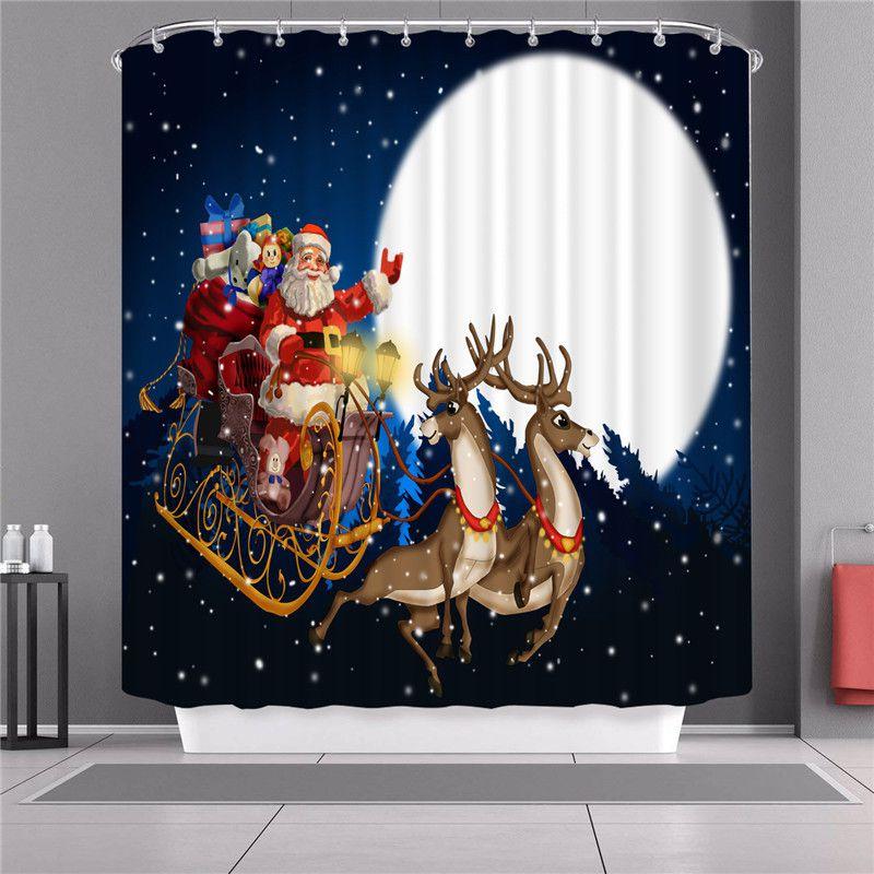 Curtain Shower Christmas With Hook Waterproof Fabric Bathroom Santa Xmas Claus