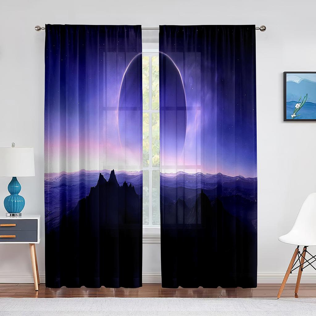 Galaxy Space Lila Fantasie Planeten Berg Transparente Vorhänge für Wohnzimmer Schlafzimmer Heimdekoration Fenster Voiles Tüll Vorhang