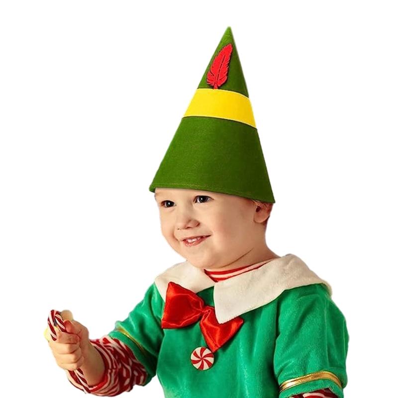 Red and Green Christmas Elf Hat with Feather for Christmas Party New Year