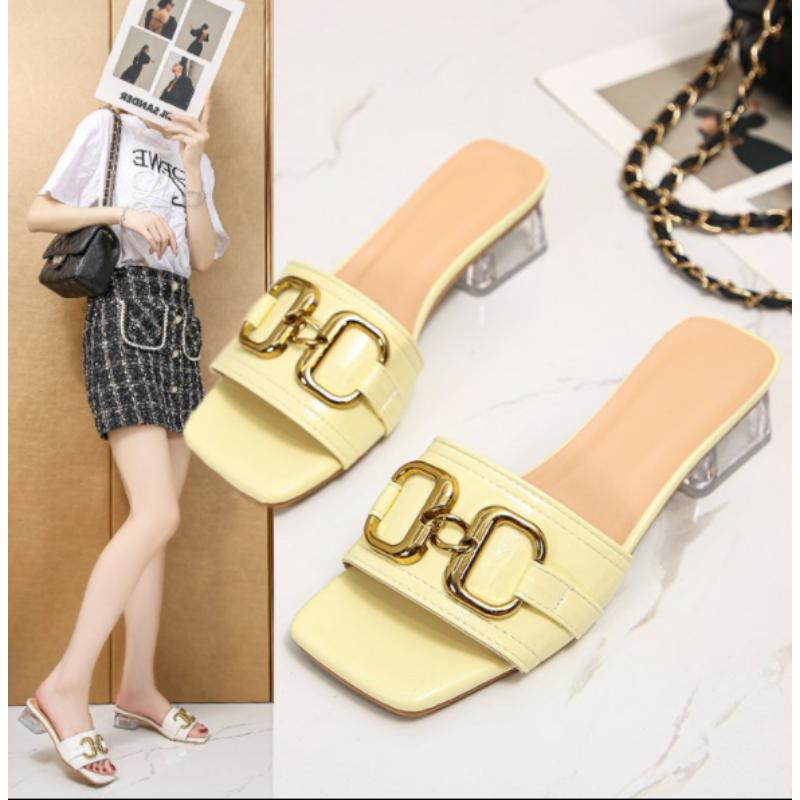 2024 Metal Buckle 3.5cm Transparent Square Heels Slides Women Peep Toe Mules Cool Summer Slippers Sandals Elegant Shoes