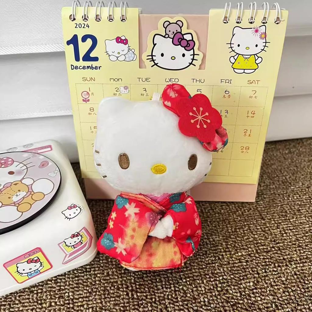 Cute KT Cat Plush Doll Keychain Kimono Themed Bag Pendant Soft Plush Accessories Cat Key Pendant for Girls Birthday Gift Toy