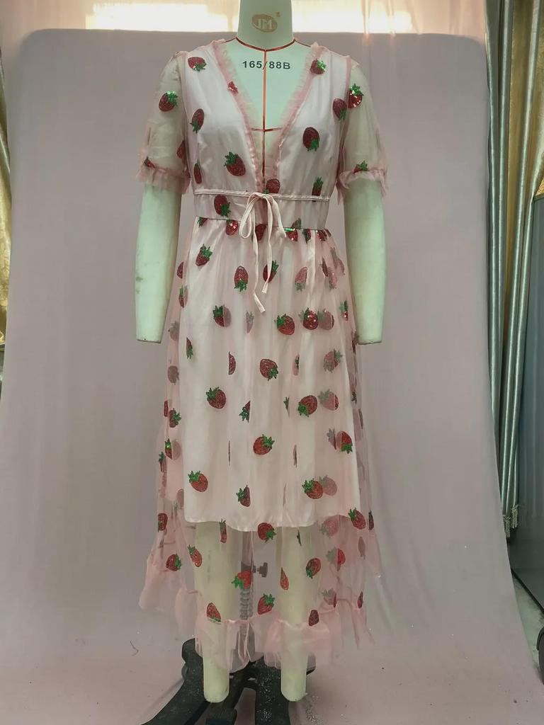 French Strawberry Sequin Pleated Dress with Mesh Straps - Summer Long Skirt, Two-Tone Design, 25 Options (LS8265)