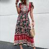 Women's Vintage Bohemia Fashion Summer Floral Print Short Sleeve V-Neck Casual Dresses