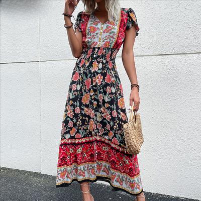 Women's Vintage Bohemia Fashion Summer Floral Print Short Sleeve V-Neck Casual Dresses