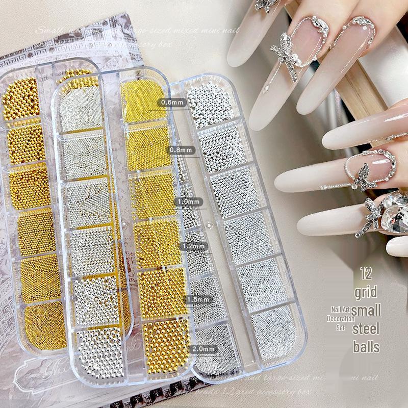 12-Grid Mini Steel Beads Nail Art: Mixed Size Gold & Silver Rhinestones (0.8mm)