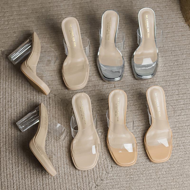 Sheepskin high-heeled transparent sandals for women's 2024 summer new waterproof table crystal heel with cool slippers for women