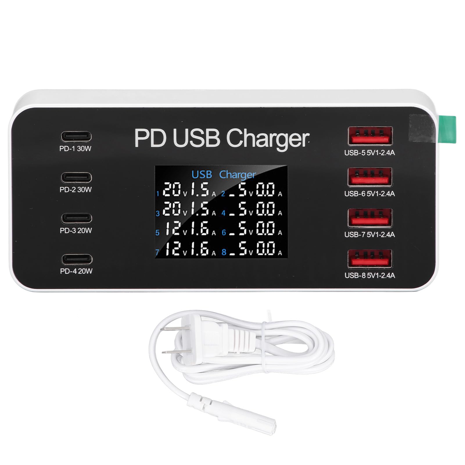 

Desktop USB Charger, Multi-Protection PD 30W USB Charging Station, 8 Ports, 100-240V Digital (US Plug)