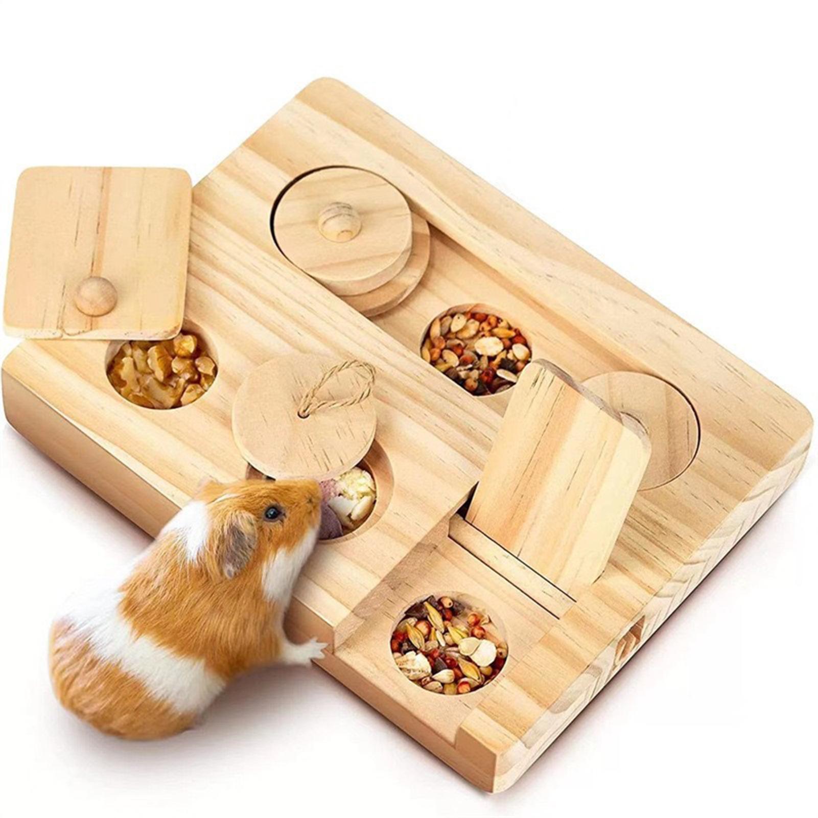 Wooden Hamster Feeder Foraging Station Snack Dispenser Interactive Pet Toy Natural Wood Animal Enrichment Activity Chew Toy