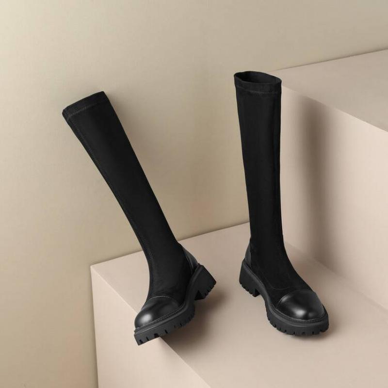 

Осень и зима замшевые эластичные высокие сапоги удобный средний каблук большой размер женские сапоги толстая подошва нескользящие кожаные сапоги новые ботинки Мартин женские 39 чёрный