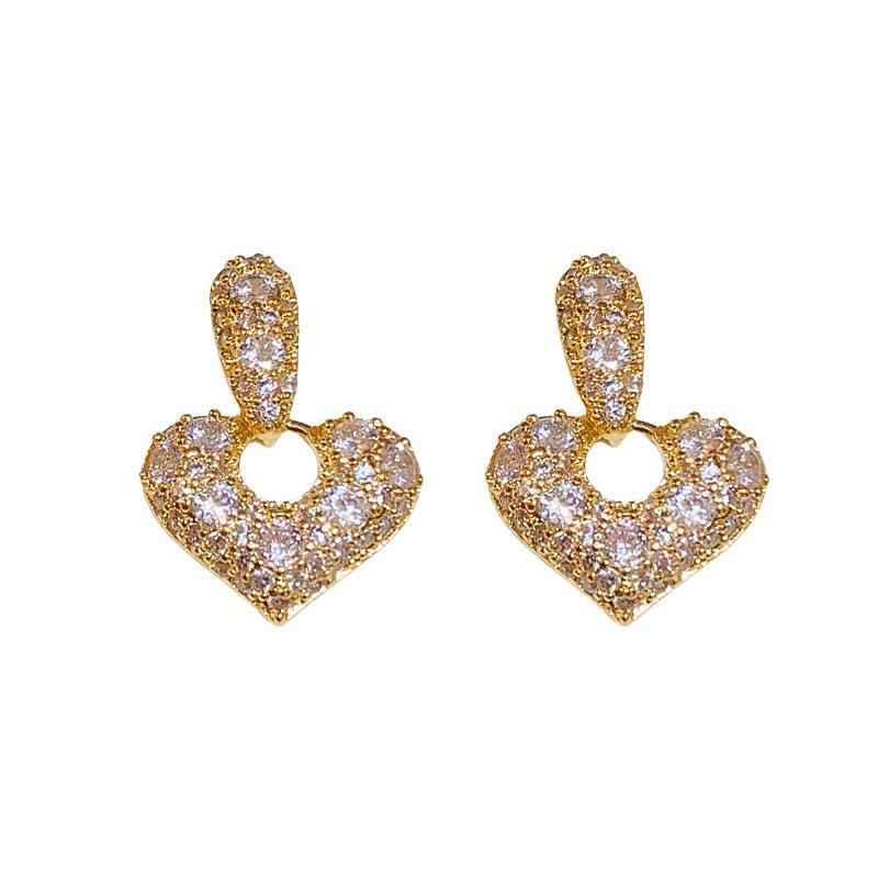 Full Crystal Heart Hanging Earrings for Women Hollow Luxury Shiny Rhinestone Female Wedding Ear Jewelry