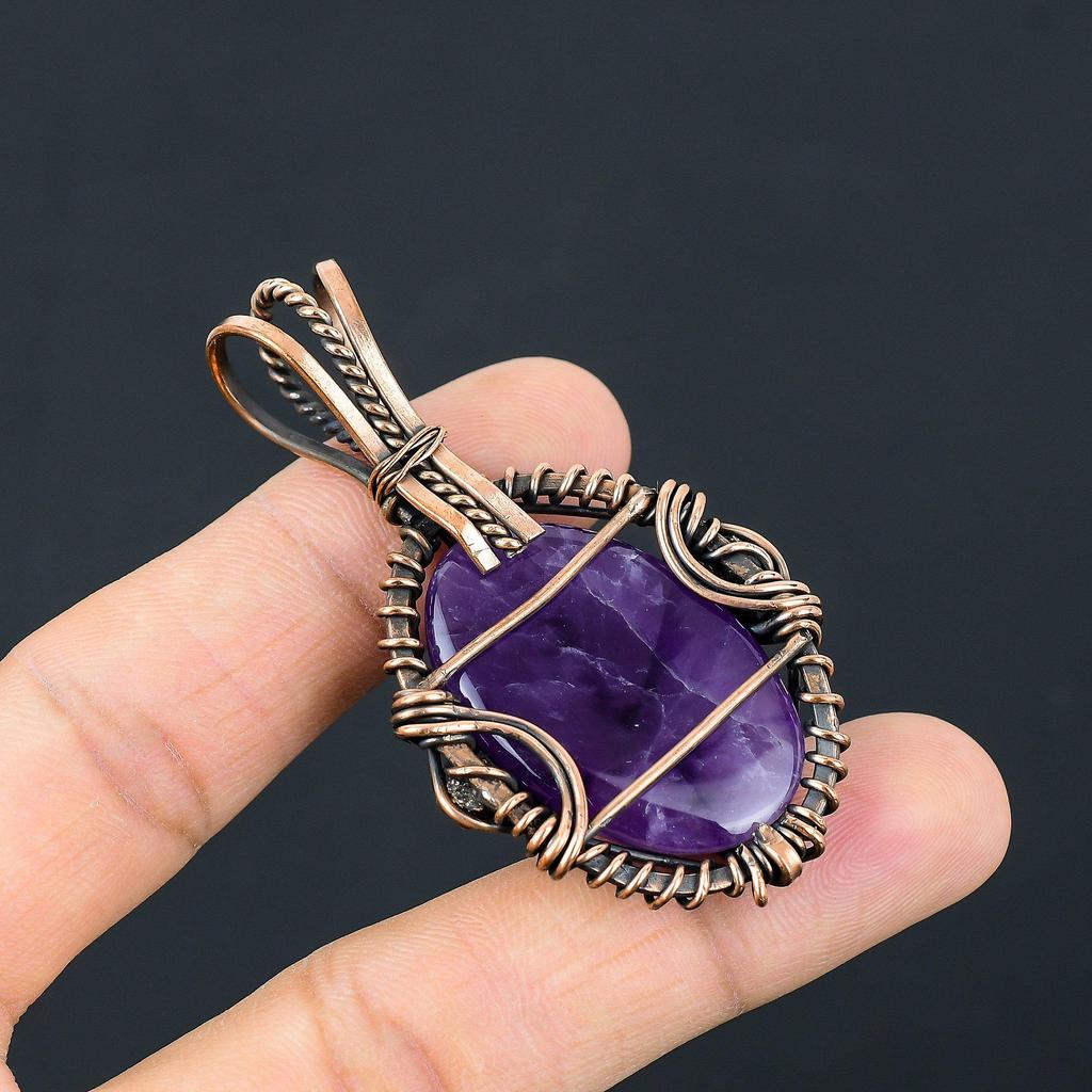 Amethyst Anhänger Edelsteinschmuck, 999 Kupferdraht gewickelter Anhänger, Geschenk für Frauen Handgefertigter Anhänger