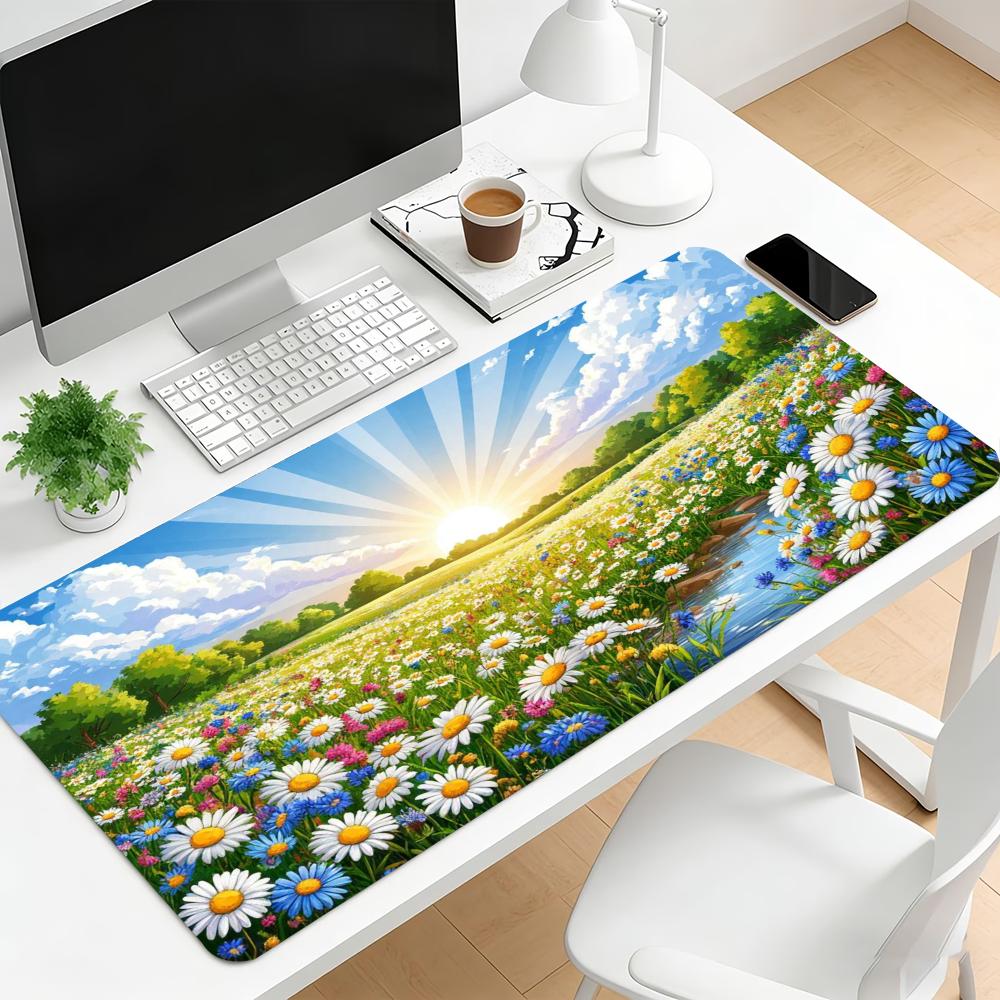 Natural Daisy Meadow Large Extended Gaming Mouse Pad Non Slip Desk Surface Sunrise Landscape Print For Gaming And Office Setup