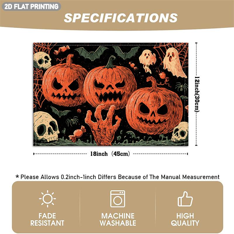 4/6 ks Halloweenové prostírání s motivy dýně, lebky, netopýra a pavučiny. Vhodné pro výzdobu sváteční párty, restaurace, kuchyně, jídelny