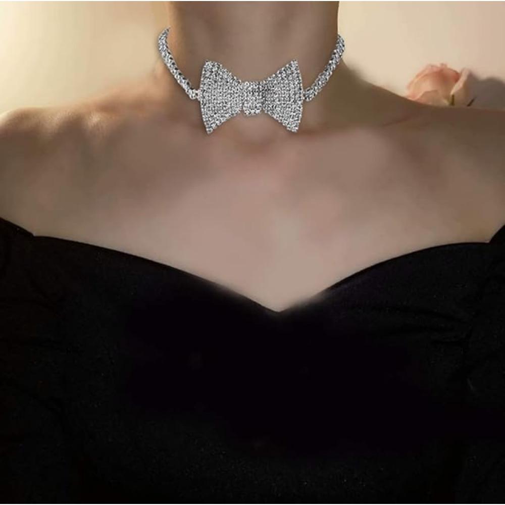 Bohemian Rhinestone Bow Necklace. Silver Crystal Party Jewelry for Women.