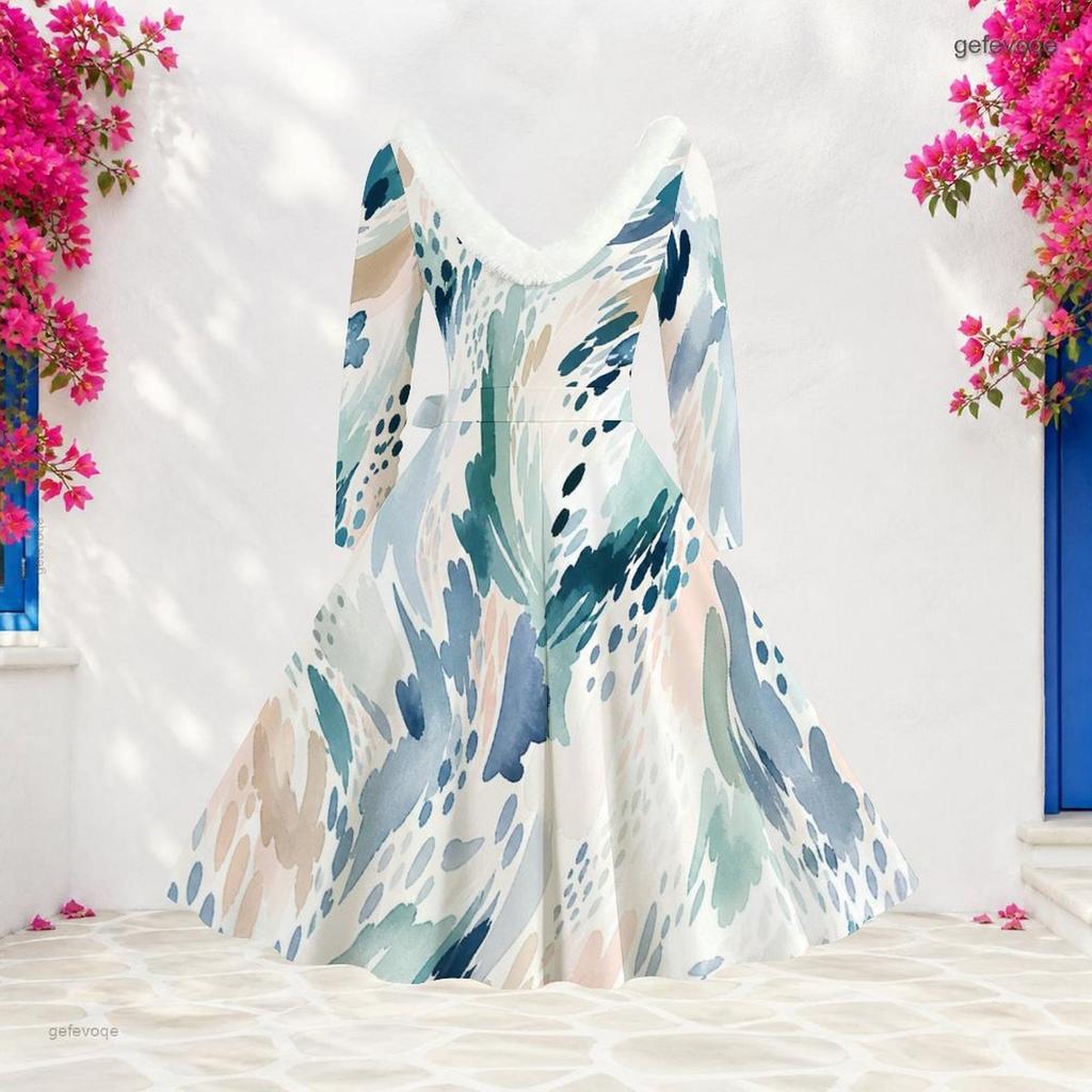 Women Plus Size V Neck Furry Trim Long Sleeve Self Tie Belt Abstract Print Gradient Blue Dress